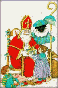Nostalgische animatie van Sinterklaas: Een meisje krijgt een cadeau van Sinterklaas terwijl Zwarte Piet toekijkt en de staf van Sint vasthoudt