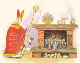 Nostalgische animatie van Sinterklaas: Sinterklaas staat bij de open haard